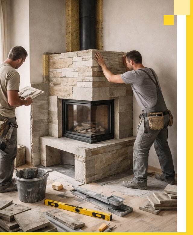 Угловые камины под ключ проект, монтаж и отделка в Учалах