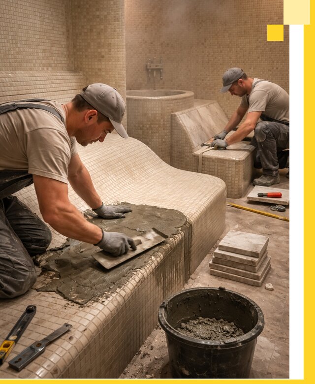 Лежаки для хамама под ключ в Учалах, проект и монтаж